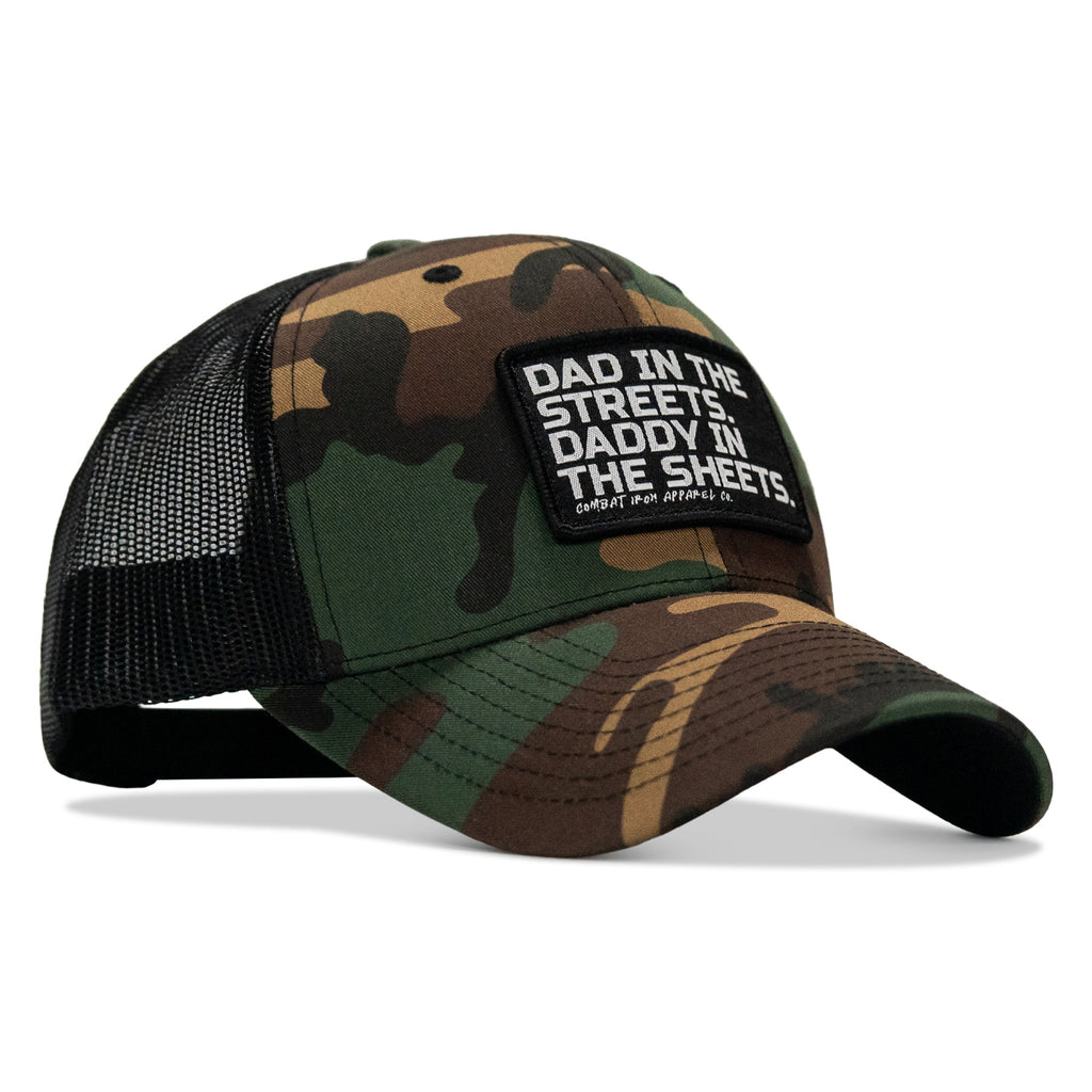Dad In The Streets. Daddy In The Sheets. Black Patch Snapback Hat